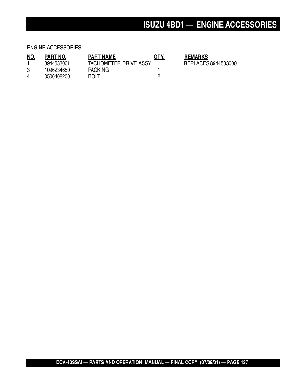 Isuzu 4bd1 — engine accessories | Multiquip MQ POWER WHISPERWATTTM GENERATOR DCA-40SSAI User Manual | Page 137 / 140