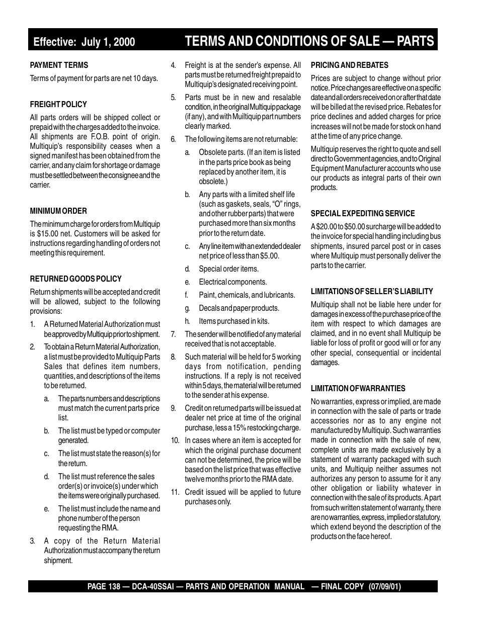 Terms and conditions of sale — parts | Multiquip MQ POWER WHISPERWATTTM GENERATOR DCA-40SSAI User Manual | Page 138 / 140