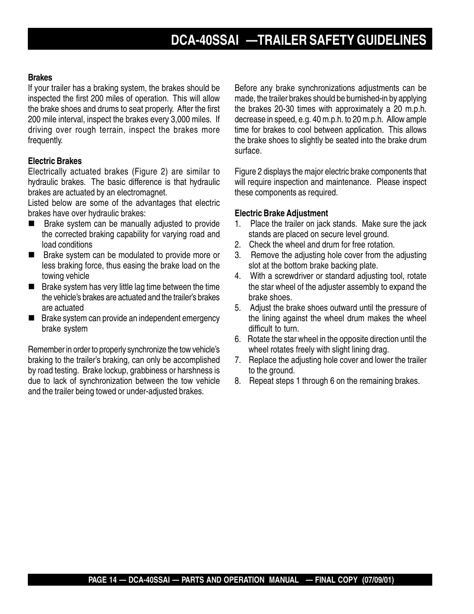 Dca-40ssai —trailer safety guidelines | Multiquip MQ POWER WHISPERWATTTM GENERATOR DCA-40SSAI User Manual | Page 14 / 140