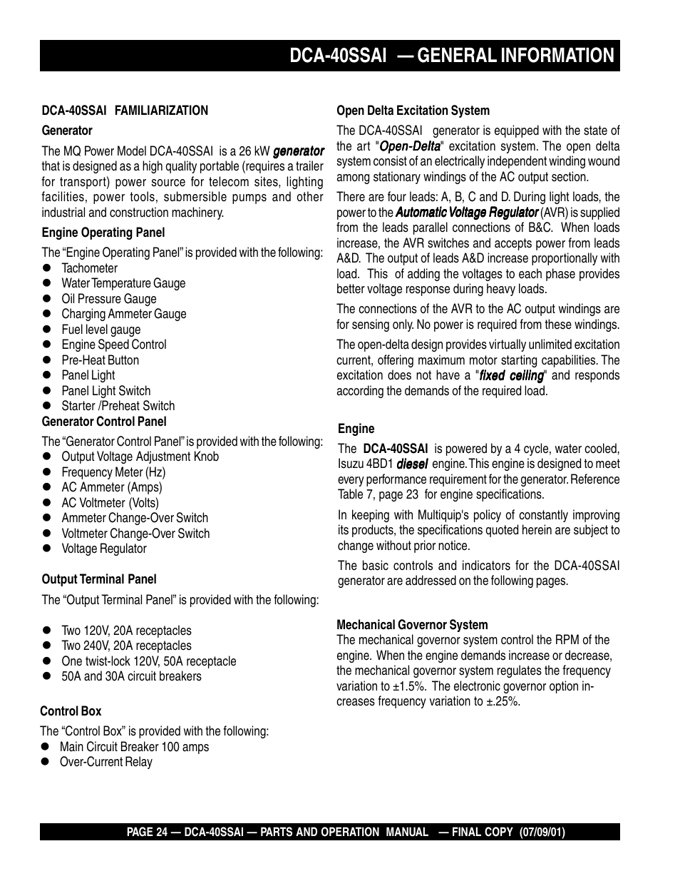 Dca-40ssai — general information | Multiquip MQ POWER WHISPERWATTTM GENERATOR DCA-40SSAI User Manual | Page 24 / 140