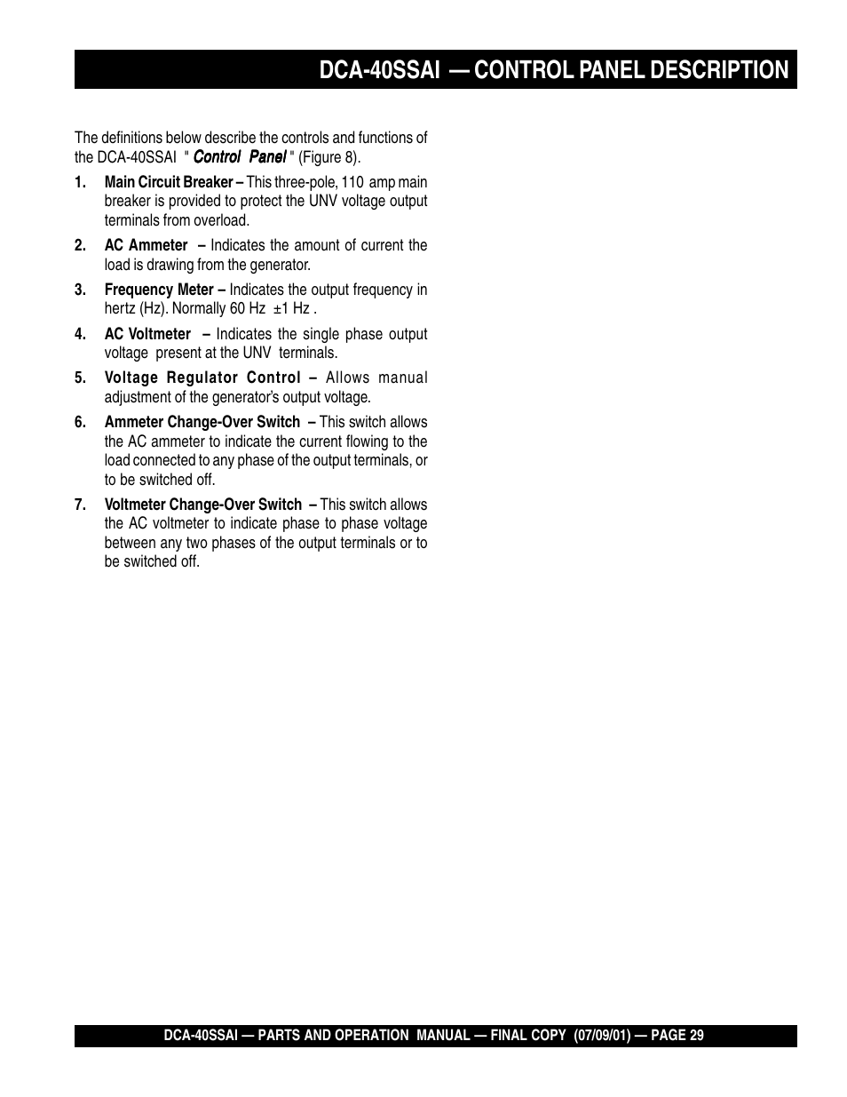 Dca-40ssai — control panel description | Multiquip MQ POWER WHISPERWATTTM GENERATOR DCA-40SSAI User Manual | Page 29 / 140