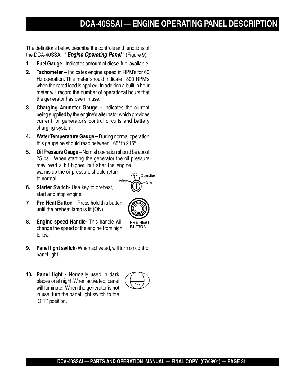 Dca-40ssai — engine operating panel description | Multiquip MQ POWER WHISPERWATTTM GENERATOR DCA-40SSAI User Manual | Page 31 / 140