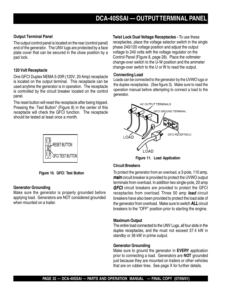 Dca-40ssai — output terminal panel | Multiquip MQ POWER WHISPERWATTTM GENERATOR DCA-40SSAI User Manual | Page 32 / 140