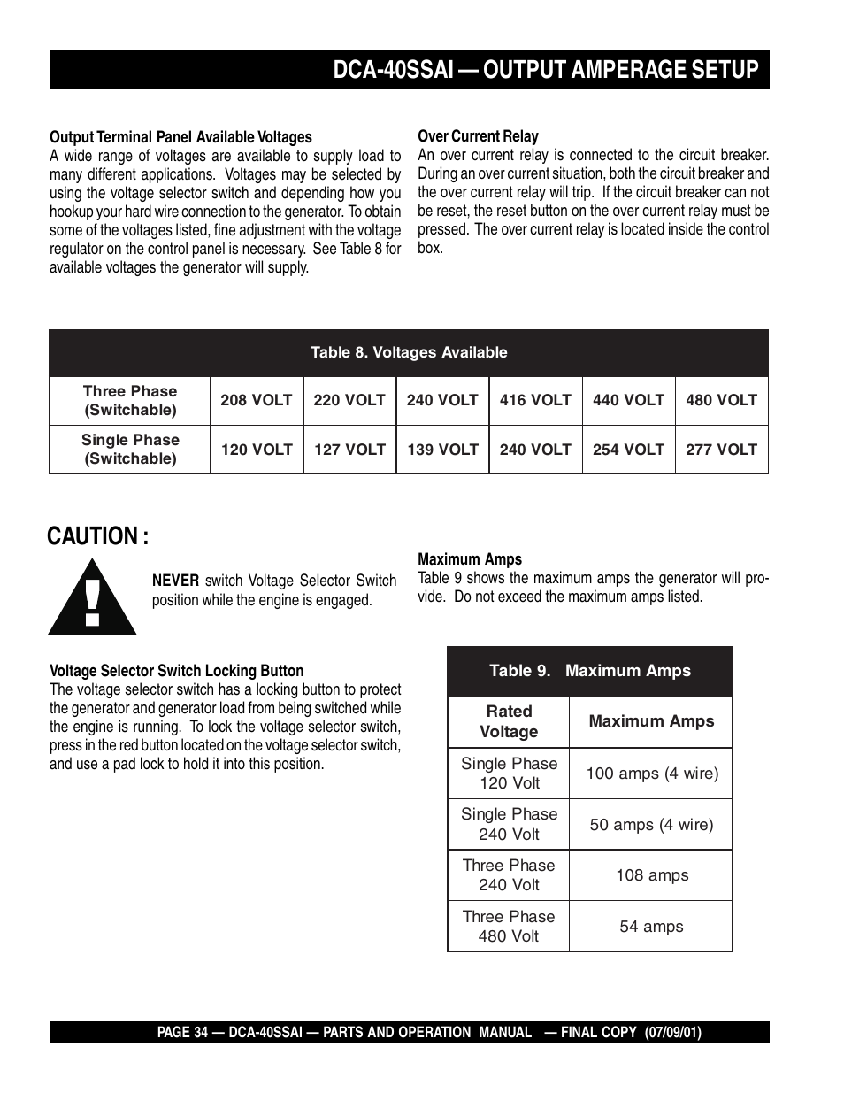 Caution, Dca-40ssai — output amperage setup | Multiquip MQ POWER WHISPERWATTTM GENERATOR DCA-40SSAI User Manual | Page 34 / 140