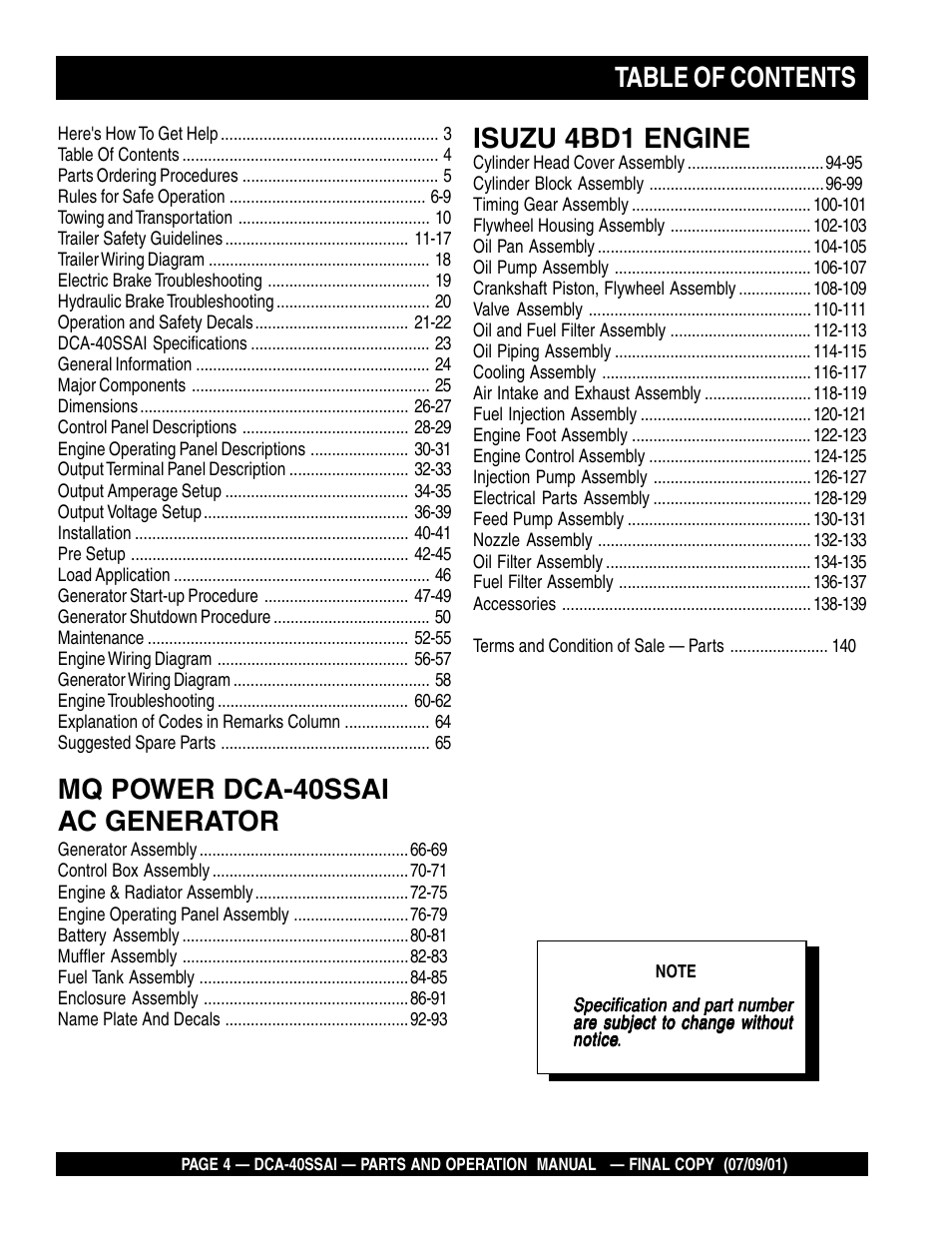 Multiquip MQ POWER WHISPERWATTTM GENERATOR DCA-40SSAI User Manual | Page 4 / 140