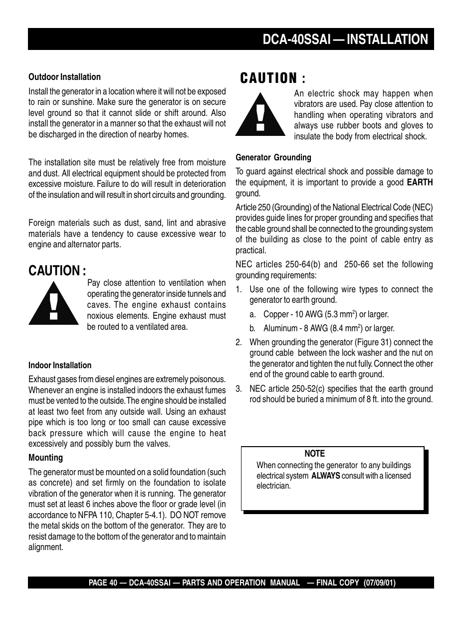 Caution, Dca-40ssai — installation | Multiquip MQ POWER WHISPERWATTTM GENERATOR DCA-40SSAI User Manual | Page 40 / 140