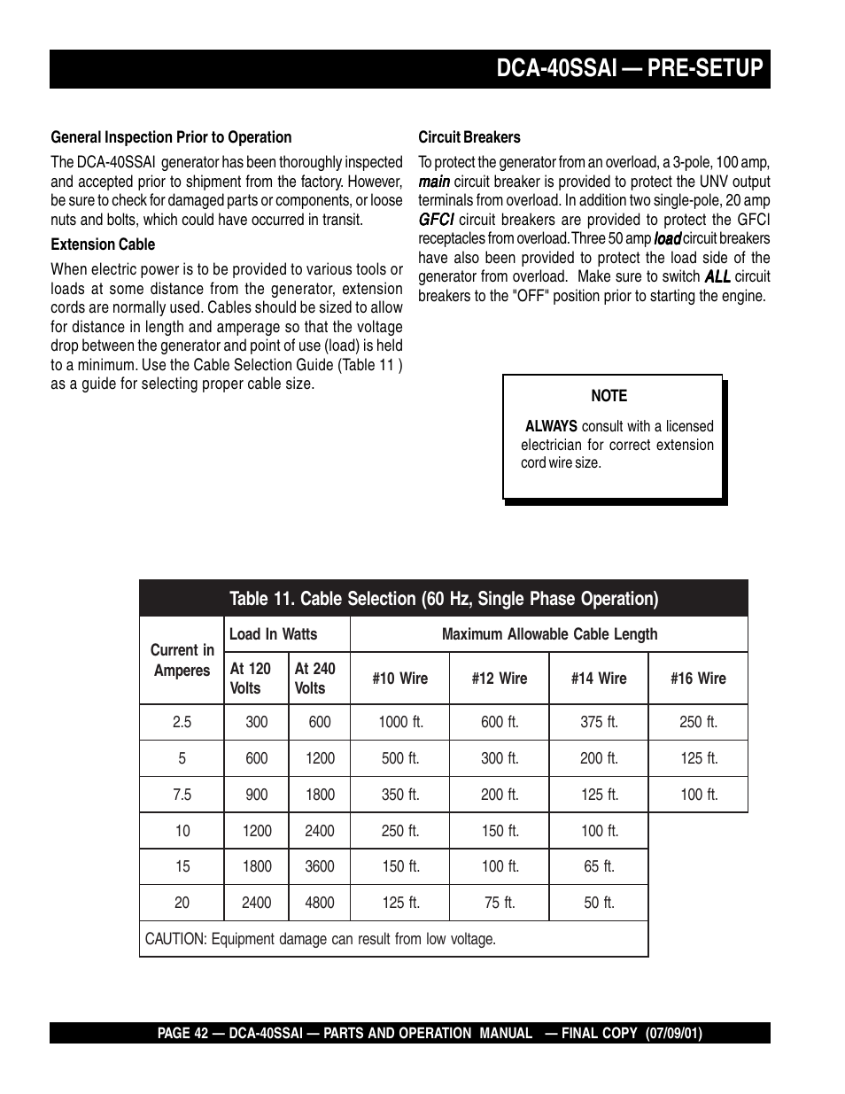 Dca-40ssai — pre-setup | Multiquip MQ POWER WHISPERWATTTM GENERATOR DCA-40SSAI User Manual | Page 42 / 140