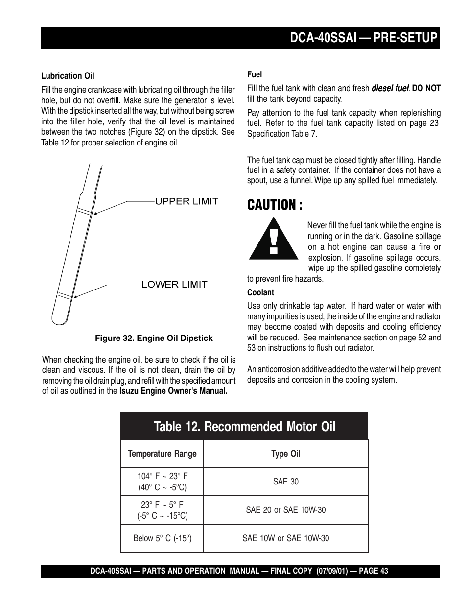 Dca-40ssai — pre-setup, Caution | Multiquip MQ POWER WHISPERWATTTM GENERATOR DCA-40SSAI User Manual | Page 43 / 140