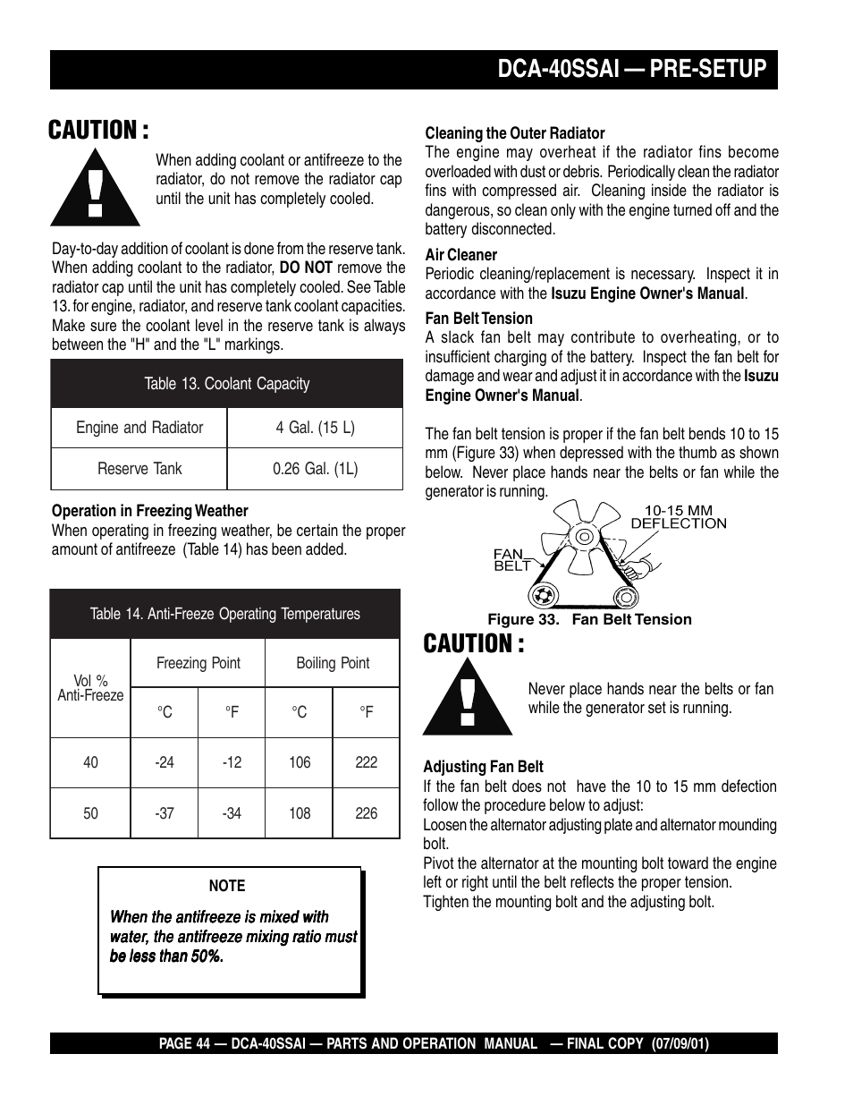 Dca-40ssai — pre-setup, Caution | Multiquip MQ POWER WHISPERWATTTM GENERATOR DCA-40SSAI User Manual | Page 44 / 140