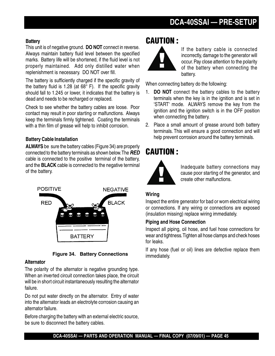 Dca-40ssai — pre-setup, Caution | Multiquip MQ POWER WHISPERWATTTM GENERATOR DCA-40SSAI User Manual | Page 45 / 140