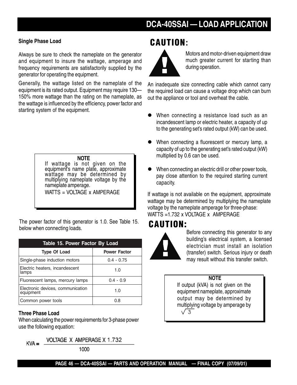 Dca-40ssai — load application, Caution | Multiquip MQ POWER WHISPERWATTTM GENERATOR DCA-40SSAI User Manual | Page 46 / 140