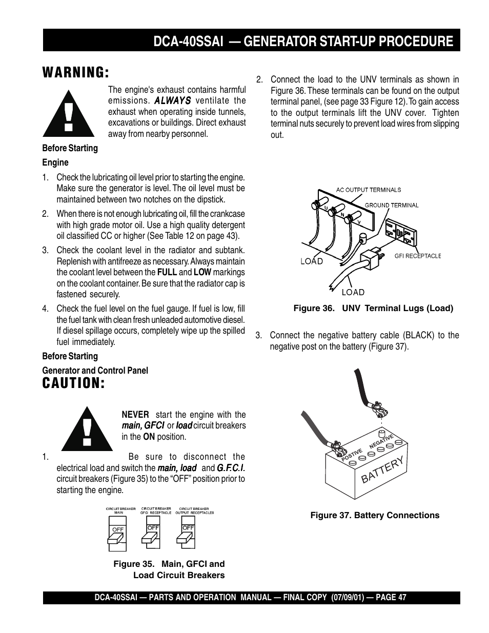 Warning, Caution, Dca-40ssai — generator start-up procedure | Multiquip MQ POWER WHISPERWATTTM GENERATOR DCA-40SSAI User Manual | Page 47 / 140