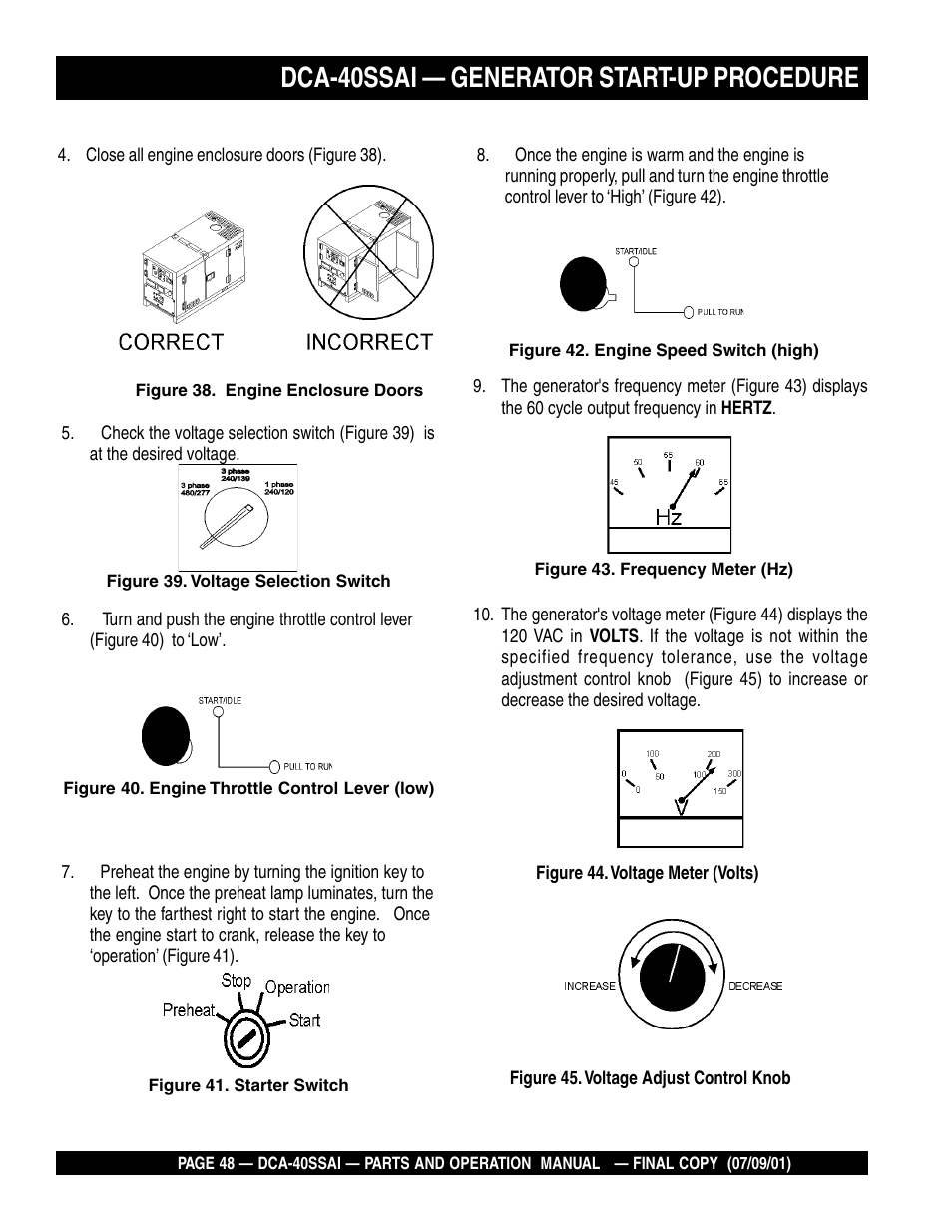 Dca-40ssai — generator start-up procedure | Multiquip MQ POWER WHISPERWATTTM GENERATOR DCA-40SSAI User Manual | Page 48 / 140