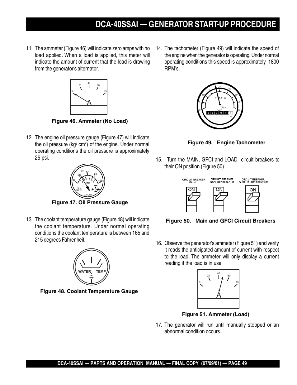 Dca-40ssai — generator start-up procedure | Multiquip MQ POWER WHISPERWATTTM GENERATOR DCA-40SSAI User Manual | Page 49 / 140