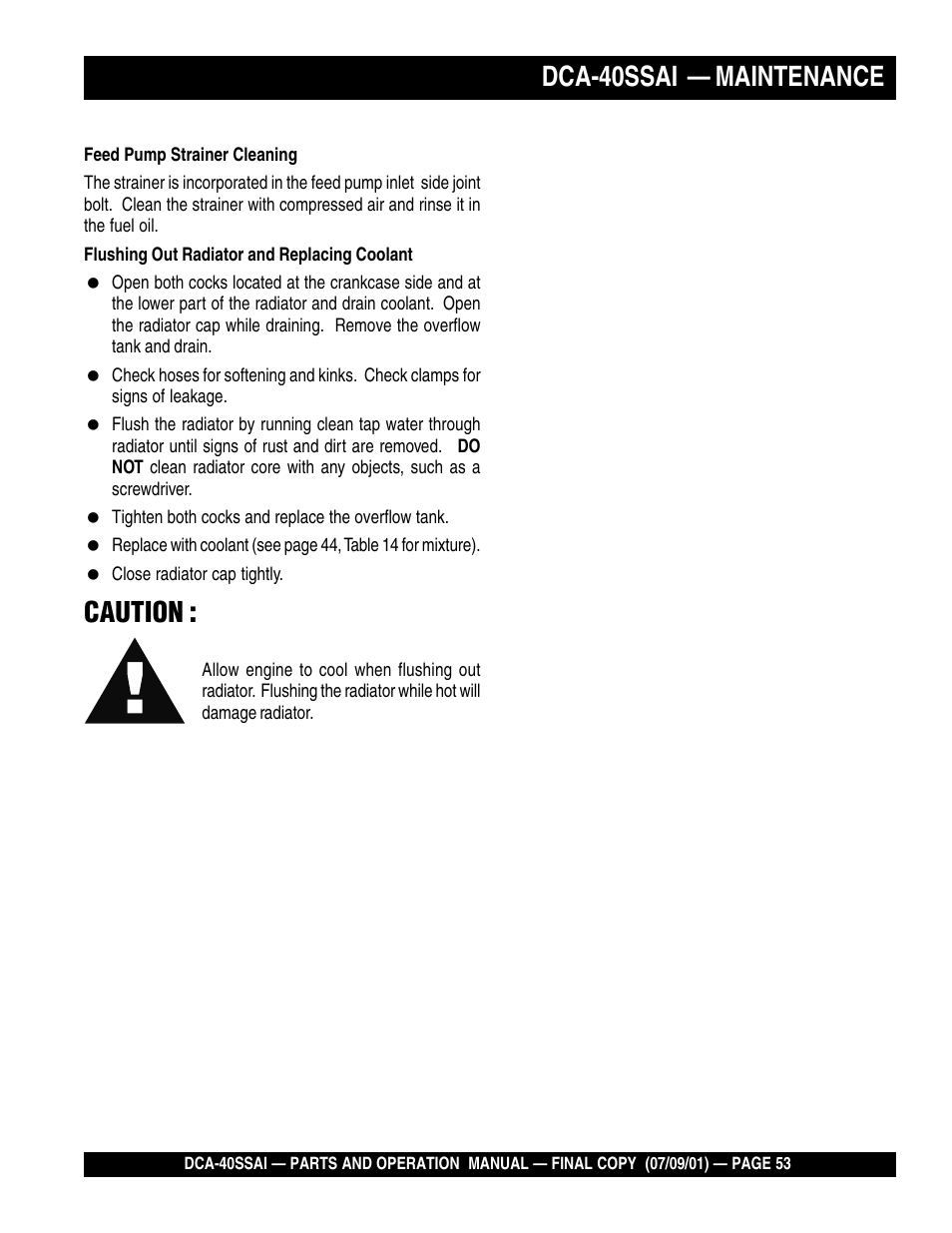 Dca-40ssai — maintenance caution | Multiquip MQ POWER WHISPERWATTTM GENERATOR DCA-40SSAI User Manual | Page 53 / 140
