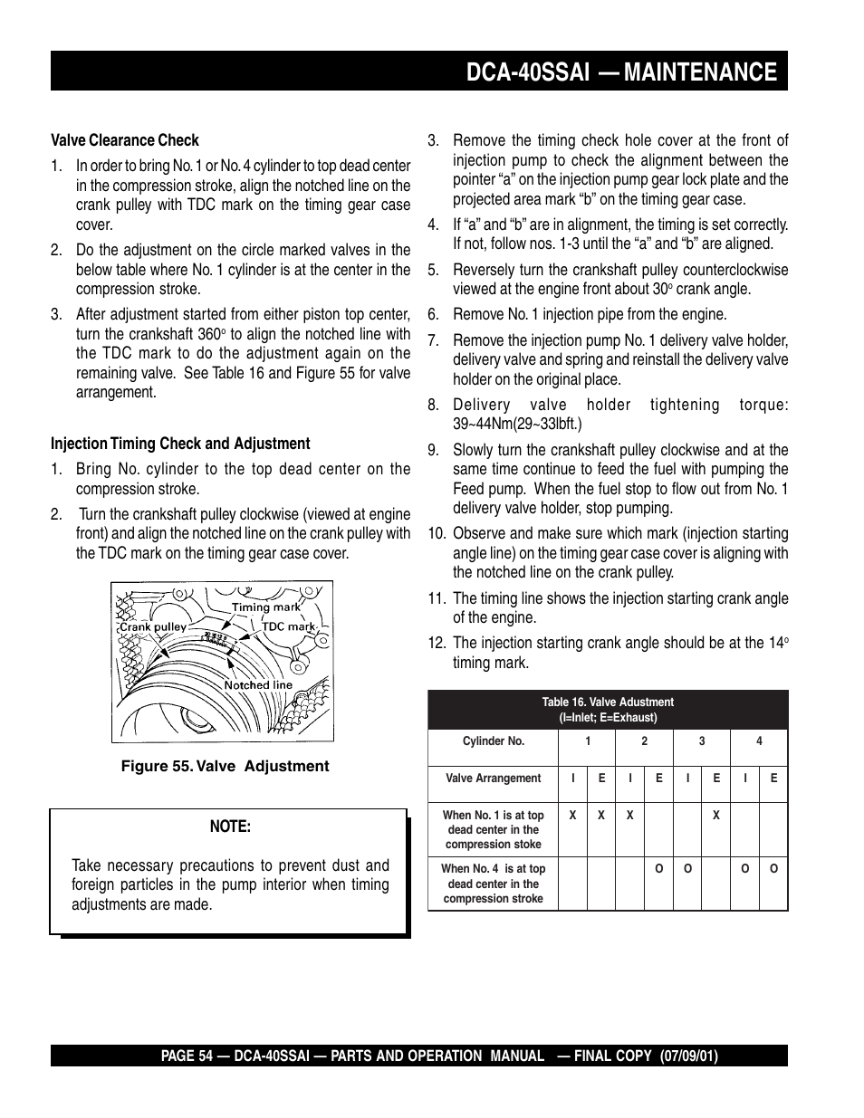 Dca-40ssai — maintenance, Timing mark | Multiquip MQ POWER WHISPERWATTTM GENERATOR DCA-40SSAI User Manual | Page 54 / 140