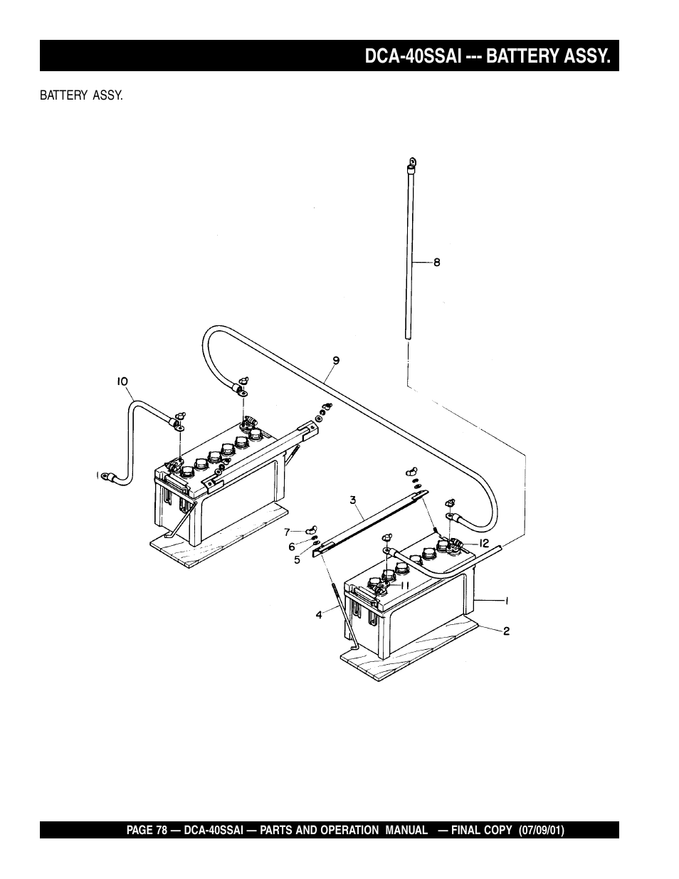 Dca-40ssai --- battery assy | Multiquip MQ POWER WHISPERWATTTM GENERATOR DCA-40SSAI User Manual | Page 78 / 140