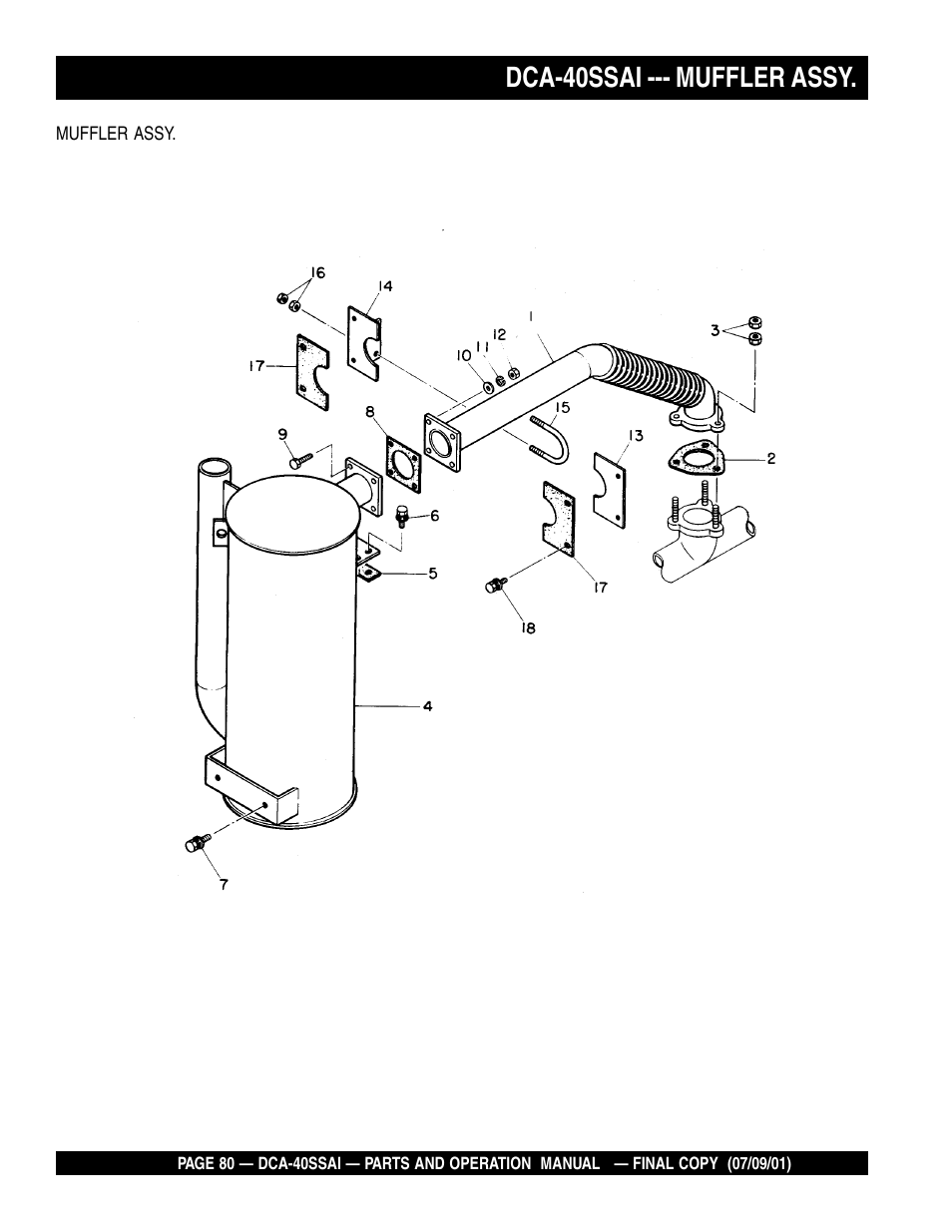 Dca-40ssai --- muffler assy | Multiquip MQ POWER WHISPERWATTTM GENERATOR DCA-40SSAI User Manual | Page 80 / 140