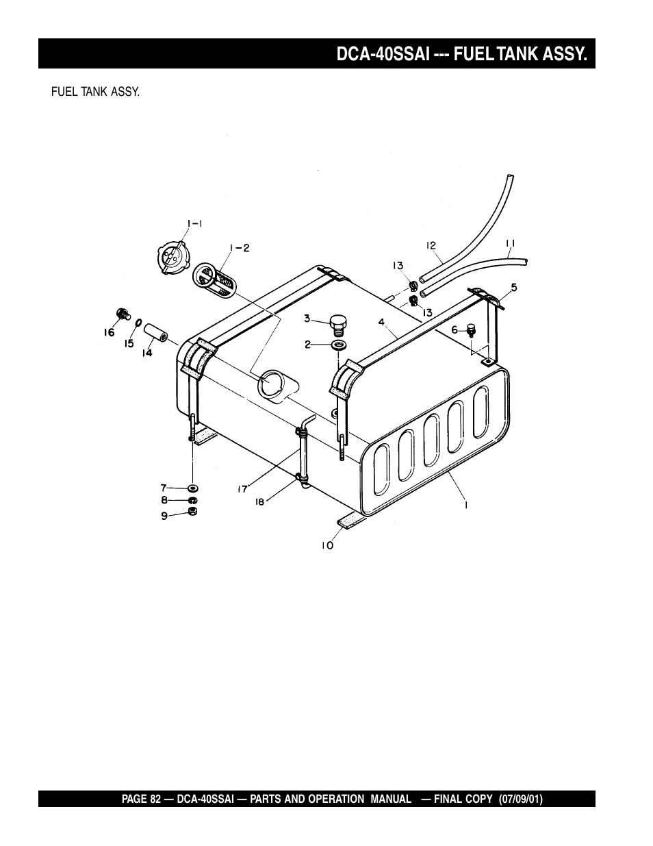 Dca-40ssai --- fuel tank assy | Multiquip MQ POWER WHISPERWATTTM GENERATOR DCA-40SSAI User Manual | Page 82 / 140