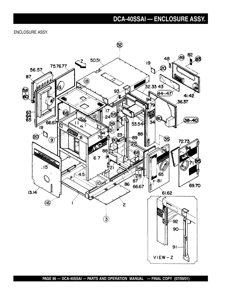 Dca-40ssai --- enclosure assy | Multiquip MQ POWER WHISPERWATTTM GENERATOR DCA-40SSAI User Manual | Page 86 / 140