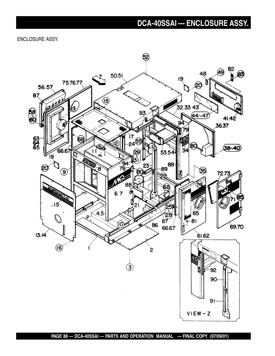 Dca-40ssai --- enclosure assy | Multiquip MQ POWER WHISPERWATTTM GENERATOR DCA-40SSAI User Manual | Page 88 / 140