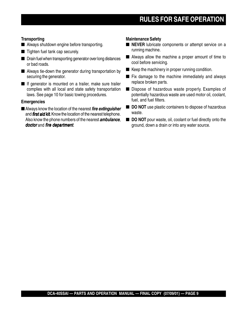 Rules for safe operation | Multiquip MQ POWER WHISPERWATTTM GENERATOR DCA-40SSAI User Manual | Page 9 / 140