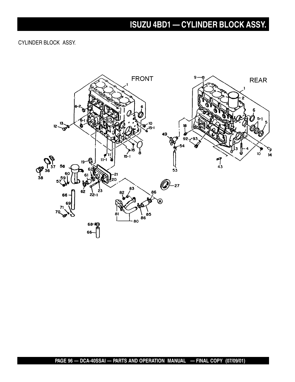 Isuzu 4bd1 — cylinder block assy | Multiquip MQ POWER WHISPERWATTTM GENERATOR DCA-40SSAI User Manual | Page 96 / 140