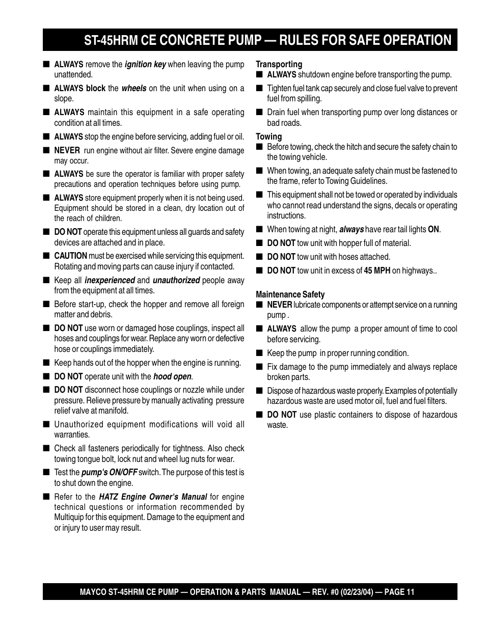 E concrete pump — rules for safe operation, St-45hrm c | Multiquip Mayco Structural Concrete Pump ST-45HRM CE User Manual | Page 11 / 140