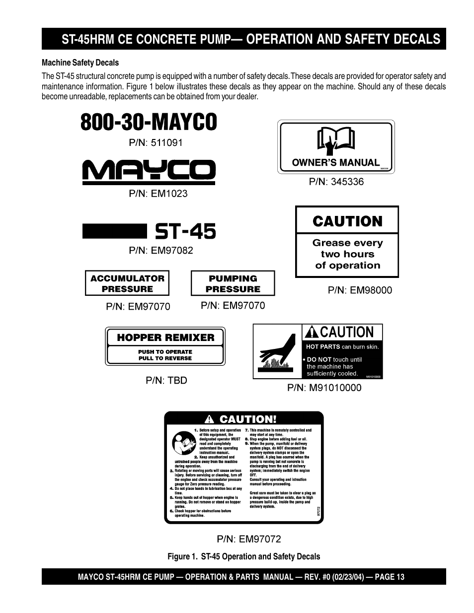 Operation and safety decals, St-45hrm ce concrete pump | Multiquip Mayco Structural Concrete Pump ST-45HRM CE User Manual | Page 13 / 140