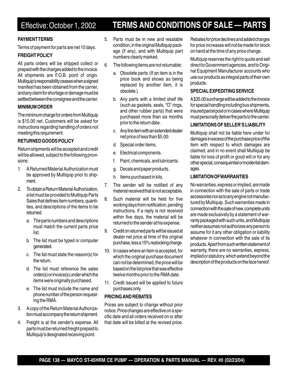 Terms and conditions of sale — parts | Multiquip Mayco Structural Concrete Pump ST-45HRM CE User Manual | Page 138 / 140