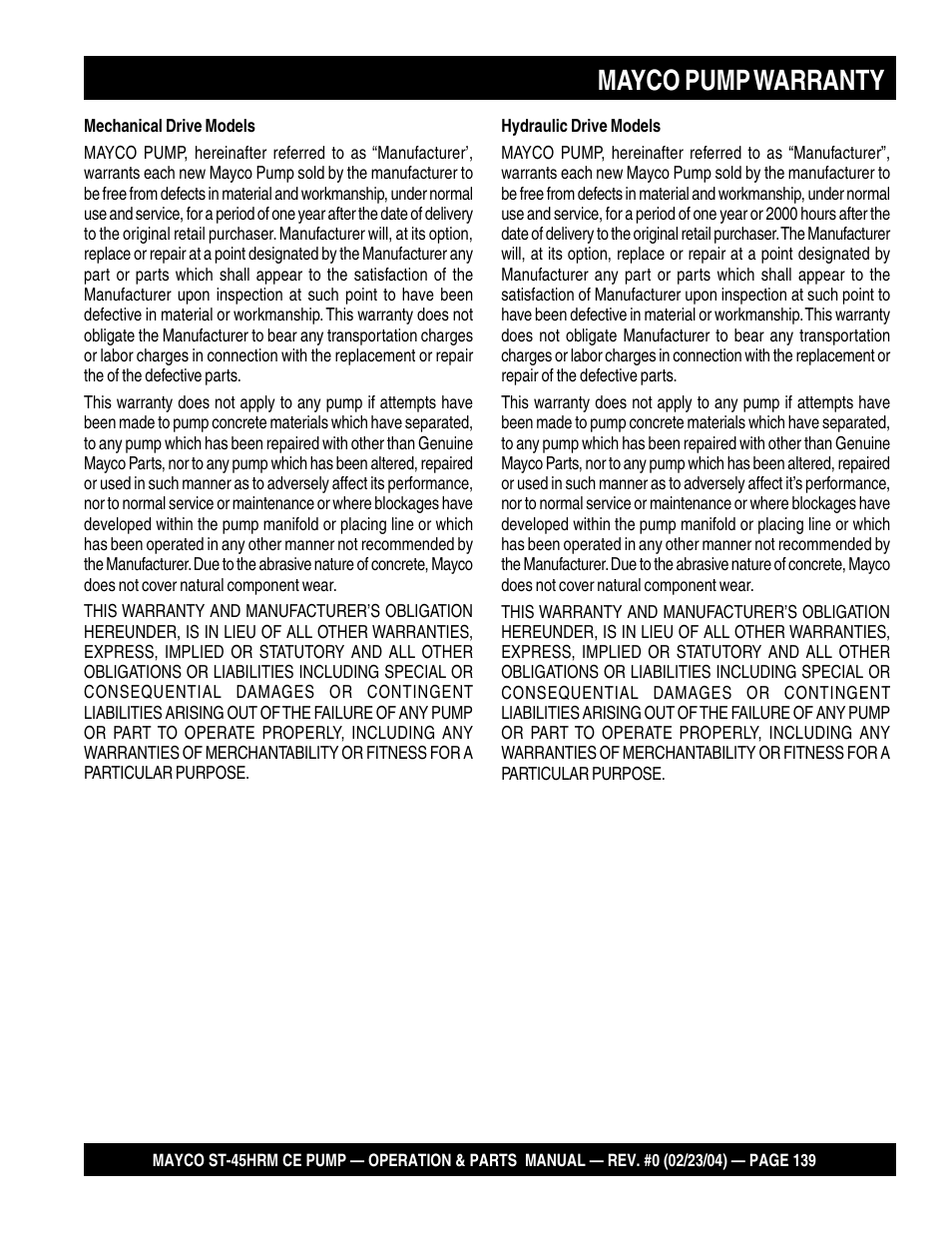 Mayco pump warranty | Multiquip Mayco Structural Concrete Pump ST-45HRM CE User Manual | Page 139 / 140