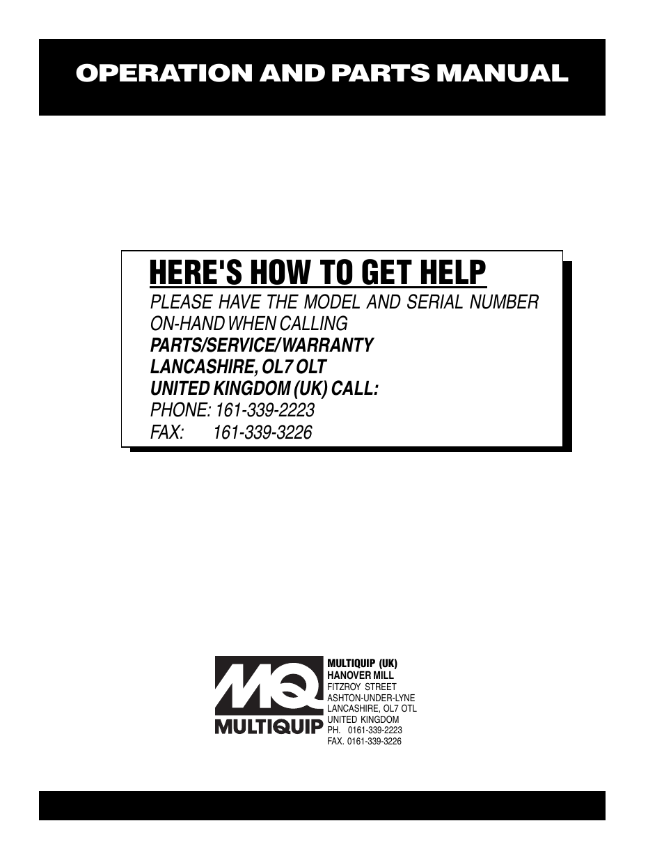 Here's how to get help, Operation and parts manual | Multiquip Mayco Structural Concrete Pump ST-45HRM CE User Manual | Page 140 / 140