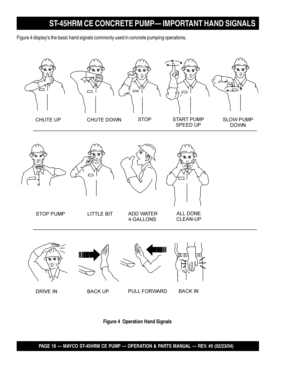 St-45hrm ce concrete pump— important hand signals | Multiquip Mayco Structural Concrete Pump ST-45HRM CE User Manual | Page 16 / 140