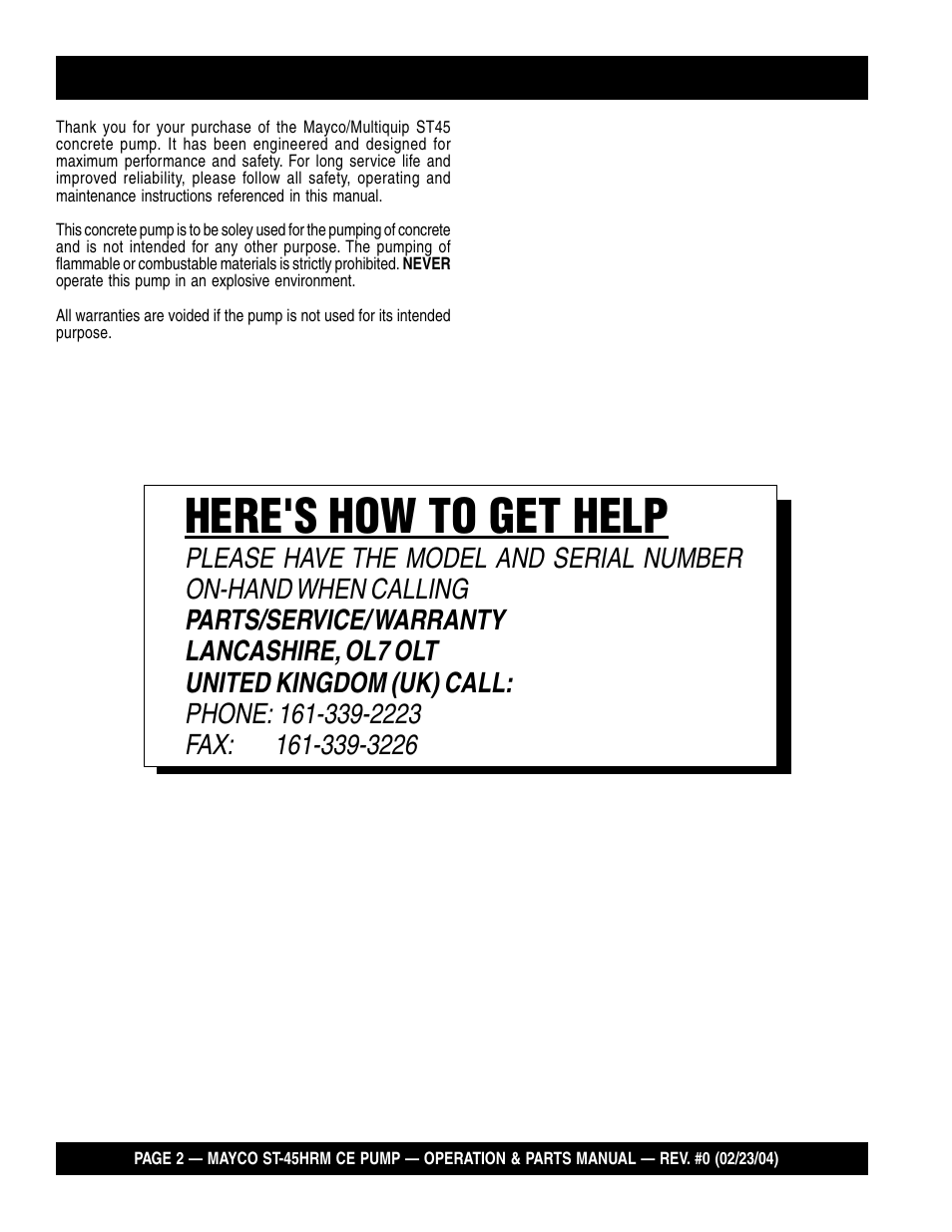 Here's how to get help | Multiquip Mayco Structural Concrete Pump ST-45HRM CE User Manual | Page 2 / 140