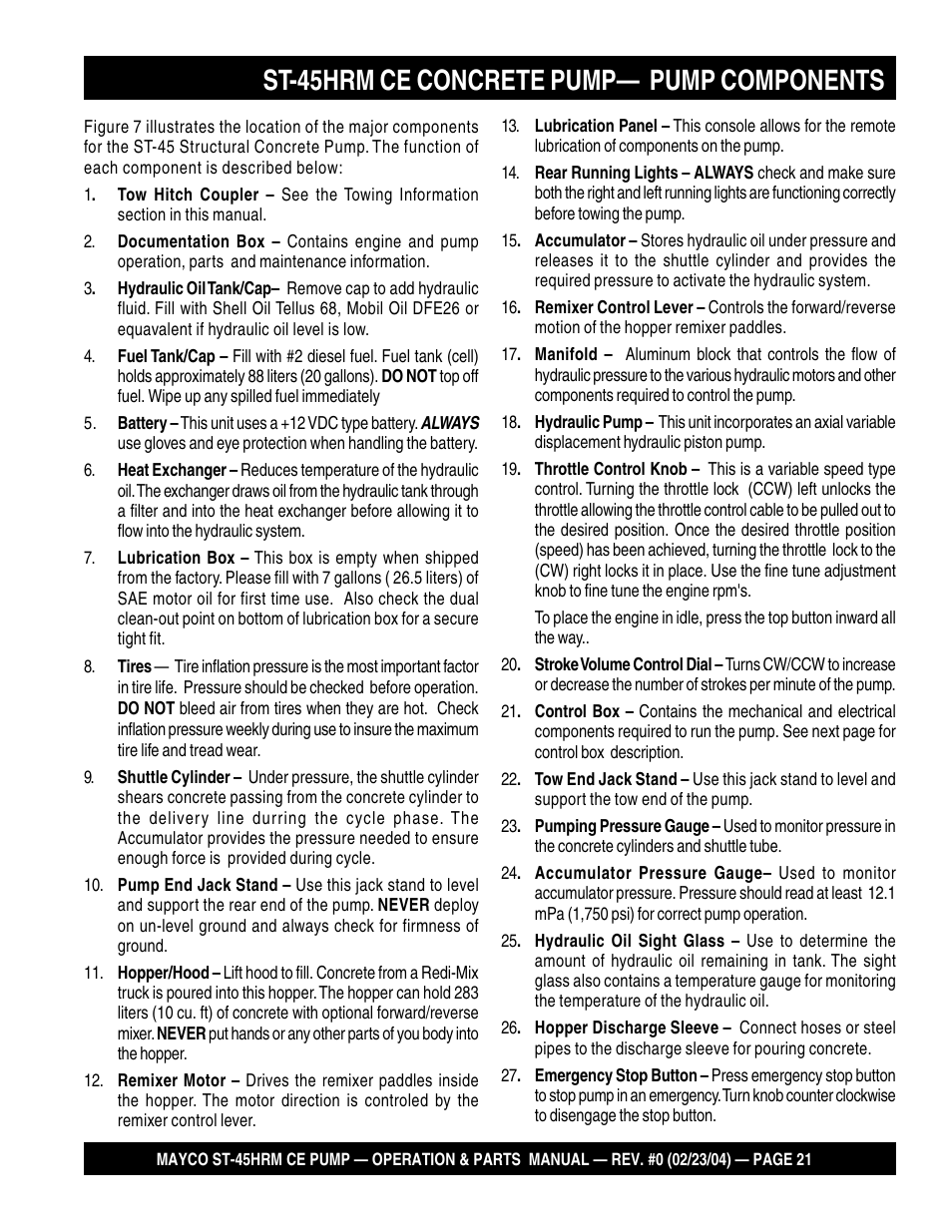 St-45hrm ce concrete pump— pump components | Multiquip Mayco Structural Concrete Pump ST-45HRM CE User Manual | Page 21 / 140