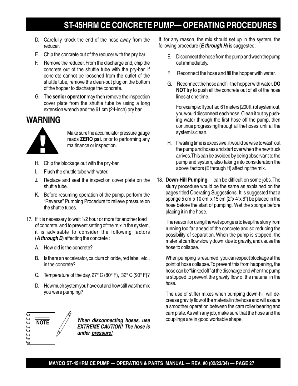 St-45hrm ce concrete pump— operating procedures, Warning | Multiquip Mayco Structural Concrete Pump ST-45HRM CE User Manual | Page 27 / 140