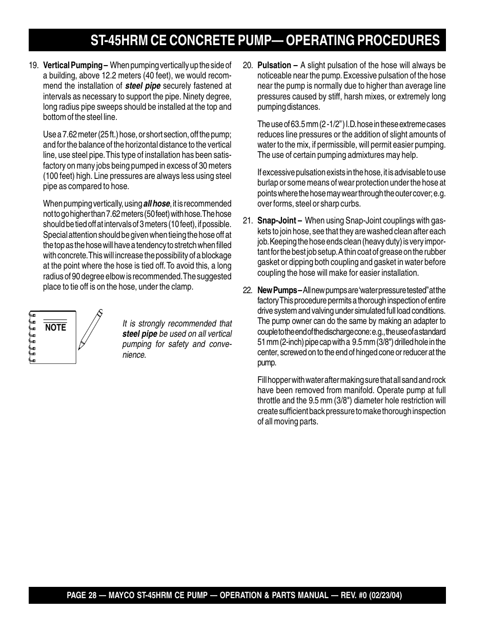 St-45hrm ce concrete pump— operating procedures | Multiquip Mayco Structural Concrete Pump ST-45HRM CE User Manual | Page 28 / 140