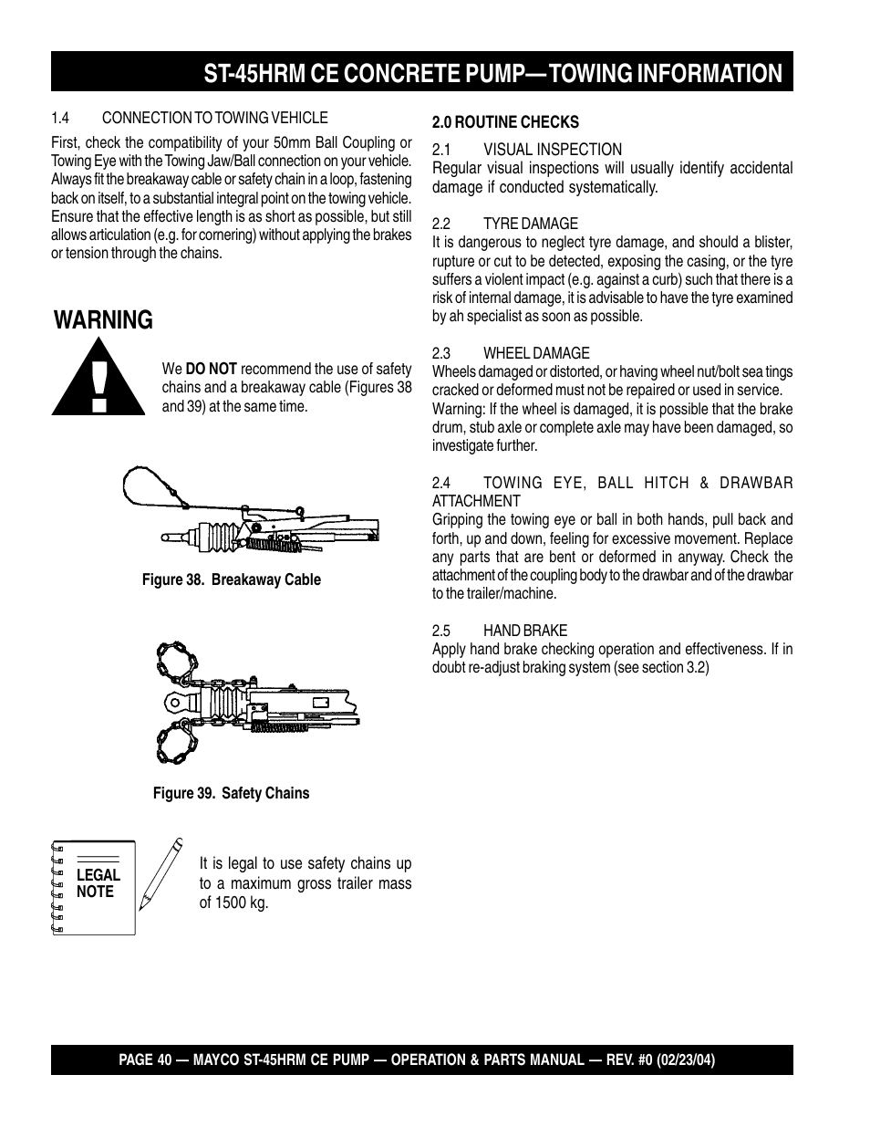 Warning, St-45hrm ce concrete pump— towing information | Multiquip Mayco Structural Concrete Pump ST-45HRM CE User Manual | Page 40 / 140