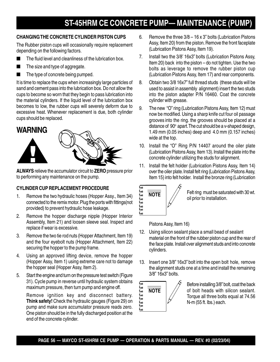 St-45hrm ce concrete pump— maintenance (pump), Warning | Multiquip Mayco Structural Concrete Pump ST-45HRM CE User Manual | Page 56 / 140