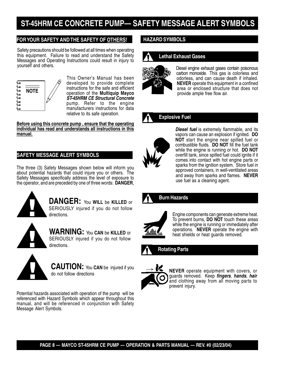 Danger, Warning, Caution | E concrete pump— safety message alert symbols, St-45hrm c | Multiquip Mayco Structural Concrete Pump ST-45HRM CE User Manual | Page 8 / 140