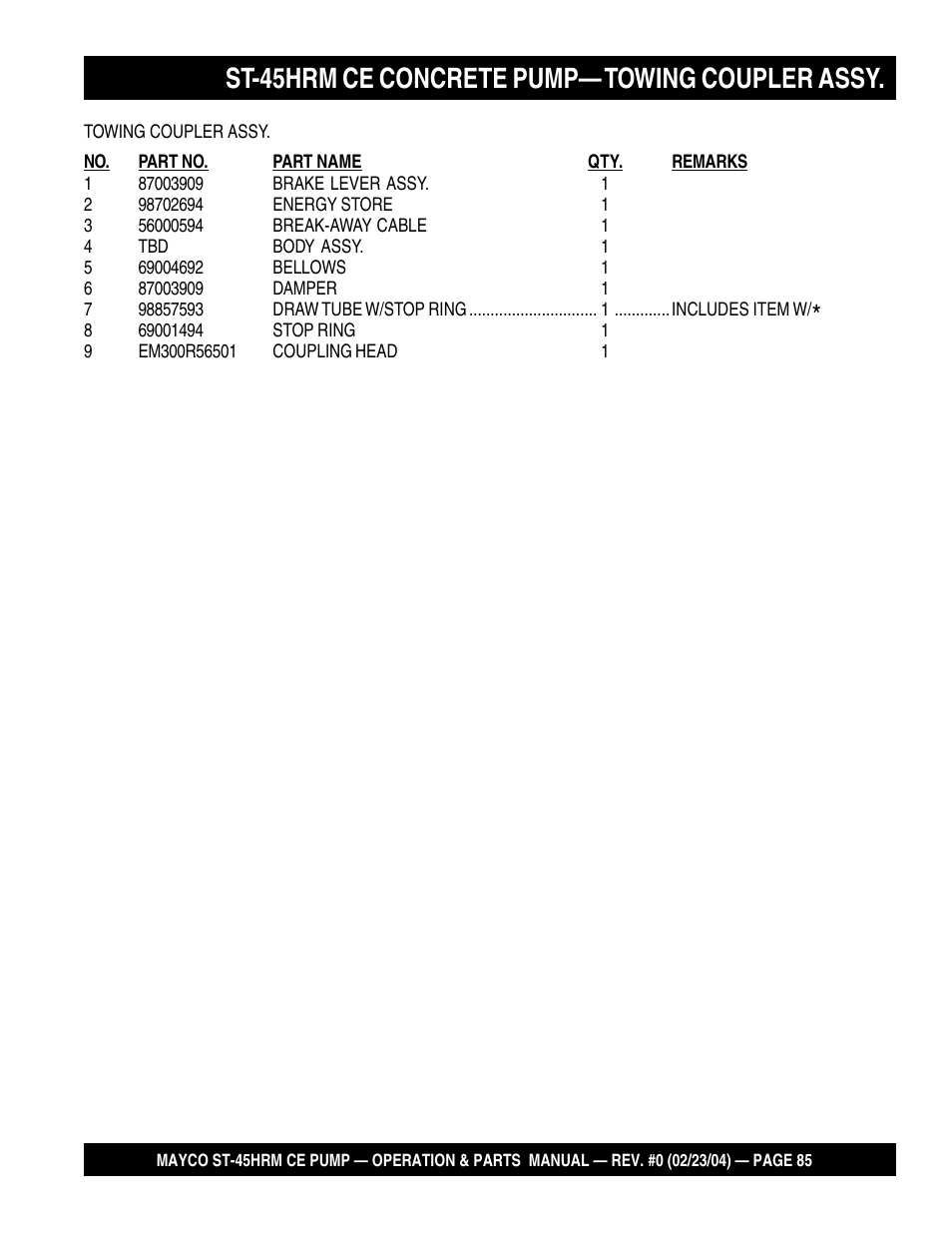 St-45hrm ce concrete pump— towing coupler assy | Multiquip Mayco Structural Concrete Pump ST-45HRM CE User Manual | Page 85 / 140