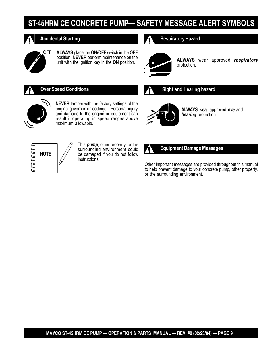 E concrete pump— safety message alert symbols, St-45hrm c | Multiquip Mayco Structural Concrete Pump ST-45HRM CE User Manual | Page 9 / 140