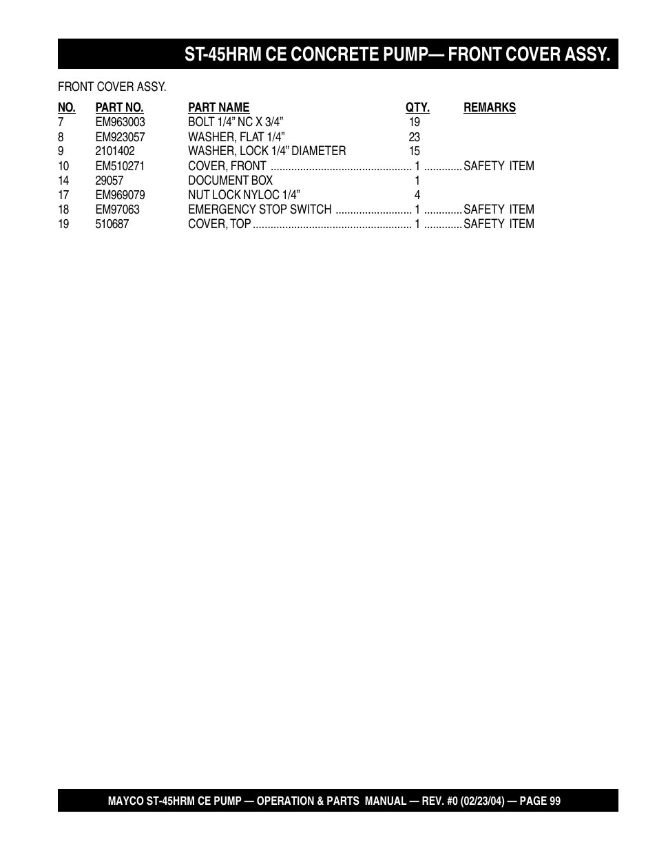 St-45hrm ce concrete pump— front cover assy | Multiquip Mayco Structural Concrete Pump ST-45HRM CE User Manual | Page 99 / 140