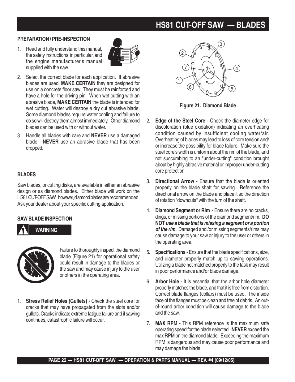 Hs81 cut-off saw — blades | Multiquip SideWinder Cut-Off Saw HS81 User Manual | Page 22 / 68