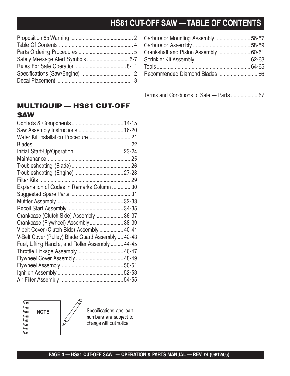 Hs81 cut-off saw — table of contents | Multiquip SideWinder Cut-Off Saw HS81 User Manual | Page 4 / 68