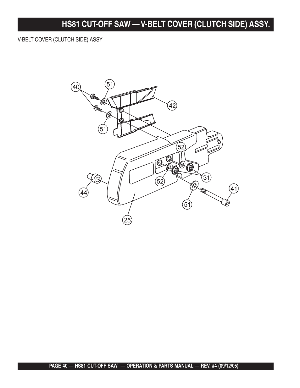 Hs81 cut-off saw — v-belt cover (clutch side) assy | Multiquip SideWinder Cut-Off Saw HS81 User Manual | Page 40 / 68