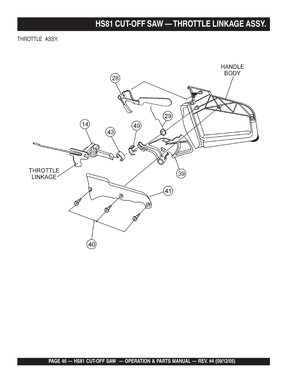 Hs81 cut-off saw — throttle linkage assy | Multiquip SideWinder Cut-Off Saw HS81 User Manual | Page 46 / 68