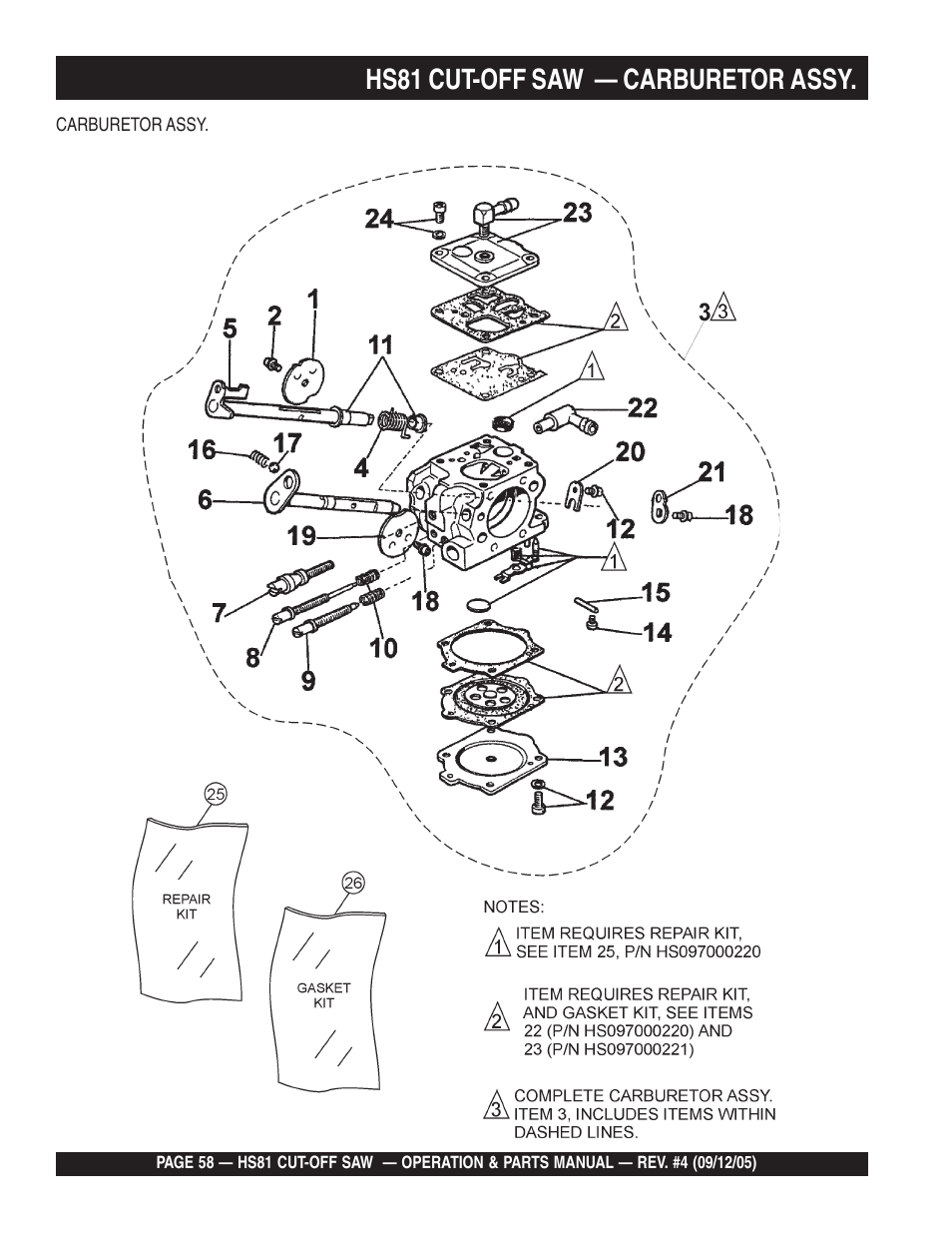 Hs81 cut-off saw — carburetor assy | Multiquip SideWinder Cut-Off Saw HS81 User Manual | Page 58 / 68