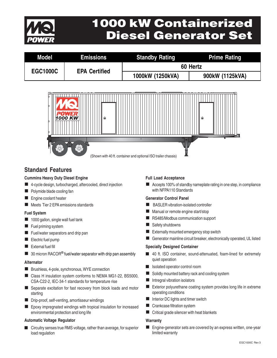 Multiquip MQ Power 1000 kW Containerized Diesel Generator Set EGC1000C User Manual | 4 pages