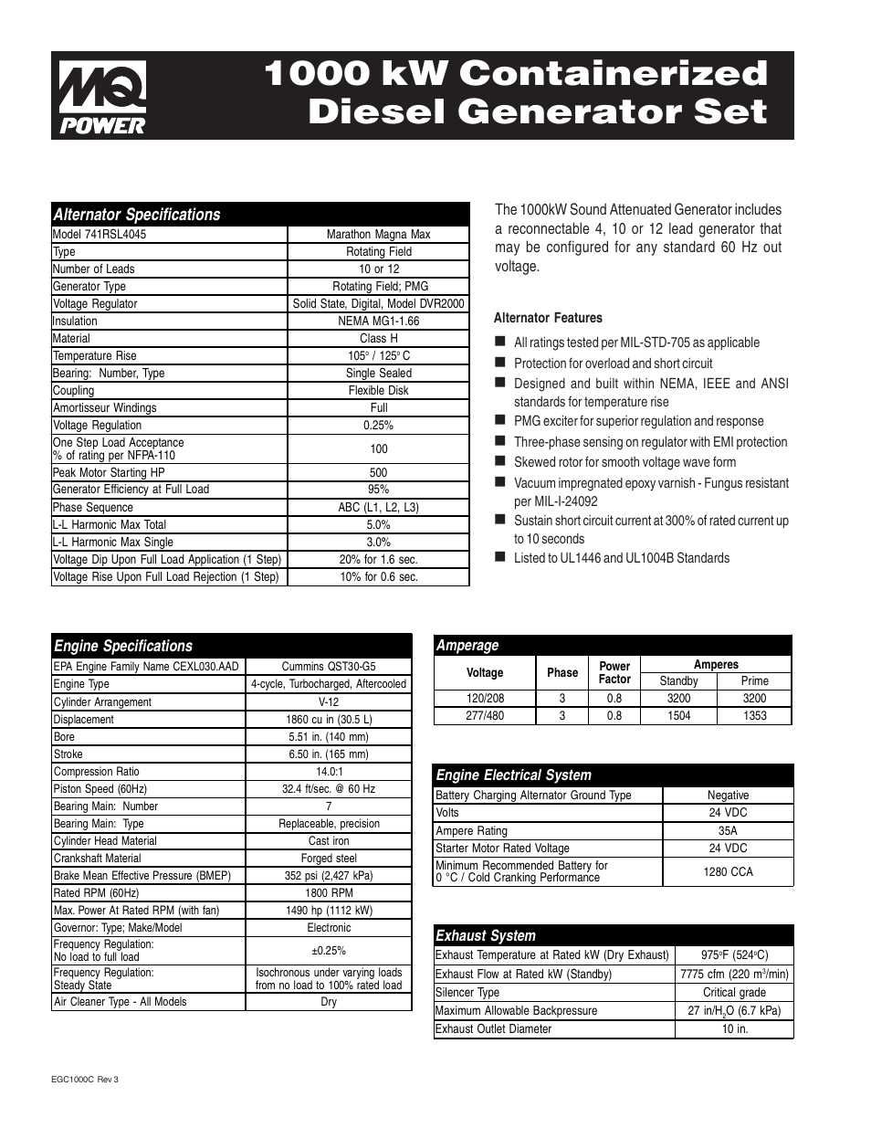 1000 kw containerized diesel generator set, Alternator specifications | Multiquip MQ Power 1000 kW Containerized Diesel Generator Set EGC1000C User Manual | Page 2 / 4